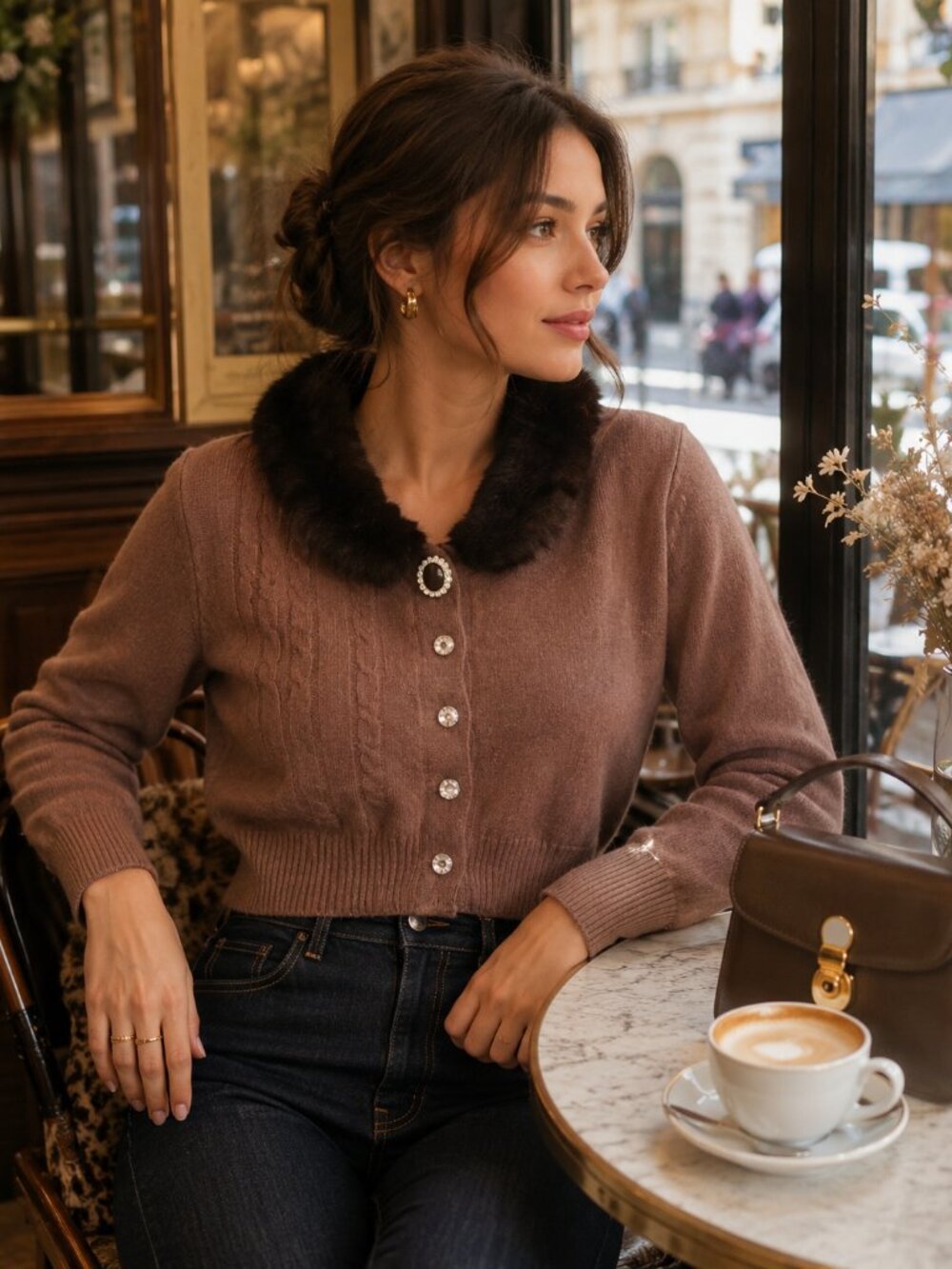 Vintage Claudette Cashmere Blend Cardigan Faux Fur Collar Jeweled Buttons M - Picture 2 of 13